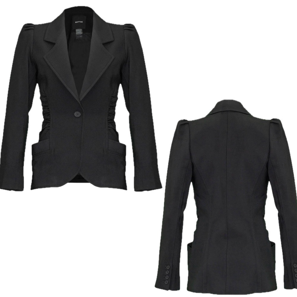 Smythe black ruched wool twill blazer Sz 4 NWOT tailored fitted cinched classy